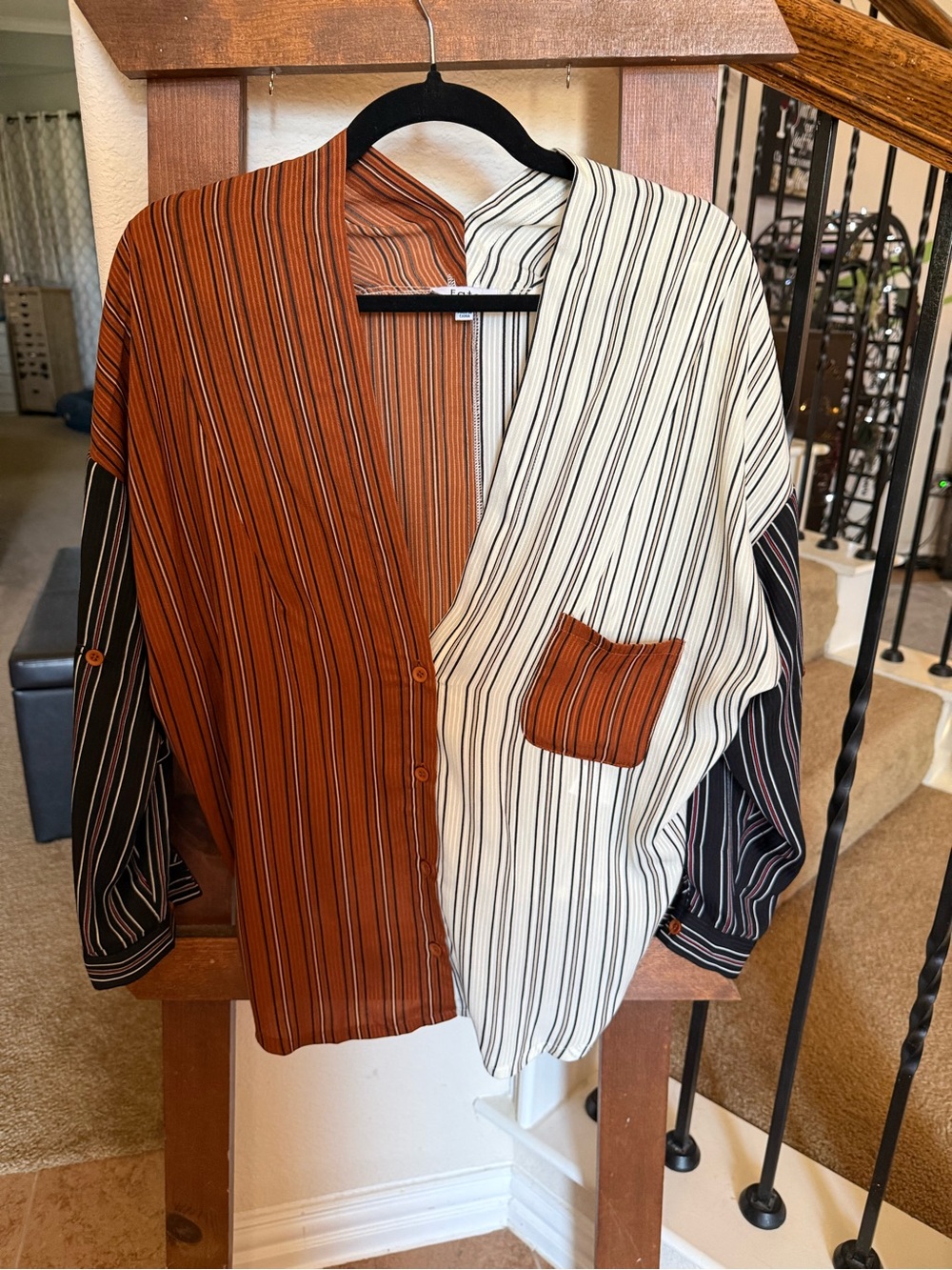 Fate Striped Colorblock Button-Up Blouse - Rust, Cream & Black